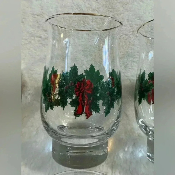 6 Vintage Libbey Christmas Holly Berry Wreath Garland Red Bow Glasses Gold Trim - Picture 2 of 15